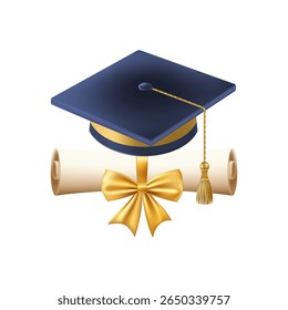 3d diploma scroll with graduate hat. Vintage roll paper with blue mortarboard. Graduation education certificate of university, college, or school. Vector illustration. EPS 10.