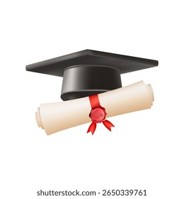 3d diploma scroll with graduate hat. Vintage roll paper with black mortarboard. Graduation education certificate of university, college, or school. Vector illustration. EPS 10.