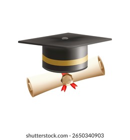 3d diploma scroll with graduate hat. Vintage roll paper with black mortarboard. Graduation education certificate of university, college, or school. Vector illustration. EPS 10.