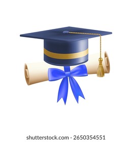 3d diploma scroll with graduate hat. Vintage roll paper with blue mortarboard. Graduation education certificate of university, college, or school. Vector illustration. EPS 10.