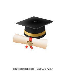 3d diploma scroll with graduate hat. Vintage roll paper with black mortarboard. Graduation education certificate of university, college, or school. Vector illustration. EPS 10.