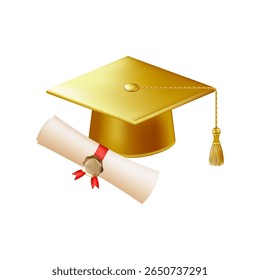 3d diploma scroll with graduate hat. Vintage roll paper with gold mortarboard. Graduation education certificate of university, college, or school. Vector illustration. EPS 10.