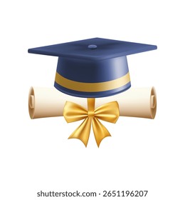 3d diploma scroll with graduate hat. Vintage roll paper with blue mortarboard. Graduation education certificate of university, college, or school. Vector illustration. EPS 10.