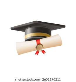 3d diploma scroll with graduate hat. Vintage roll paper with black mortarboard. Graduation education certificate of university, college, or school. Vector illustration. EPS 10.