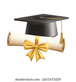 3d diploma scroll with graduate hat. Vintage roll paper with black mortarboard. Graduation education certificate of university, college, or school. Vector illustration. EPS 10.