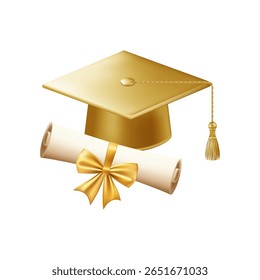 3d diploma scroll with graduate hat. Vintage roll paper with gold mortarboard. Graduation education certificate of university, college, or school. Vector illustration. EPS 10.