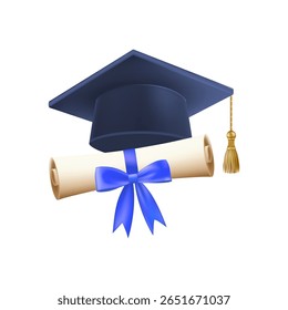 3d diploma scroll with graduate hat. Vintage roll paper with blue mortarboard. Graduation education certificate of university, college, or school. Vector illustration. EPS 10.