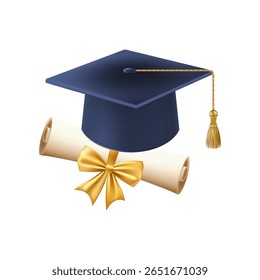 3d diploma scroll with graduate hat. Vintage roll paper with blue mortarboard. Graduation education certificate of university, college, or school. Vector illustration. EPS 10.
