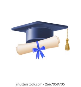 Pergamino de diploma 3D con sombrero de graduado. Antiguas rollo de papel con mortero azul. Certificado de educación de graduación de la universidad, colegio o escuela. Ilustración vectorial. EPS 10.