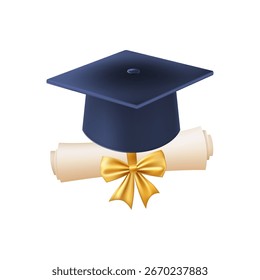 3d diploma scroll with graduate hat. Vintage roll paper with blue mortarboard. Graduation education certificate of university, college, or school. Vector illustration. EPS 10.