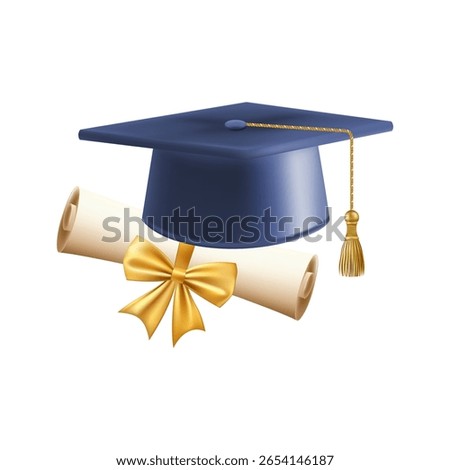 3d diploma scroll with graduate hat. Vintage roll paper with blue mortarboard. Graduation education certificate of university, college, or school. Vector illustration. EPS 10.