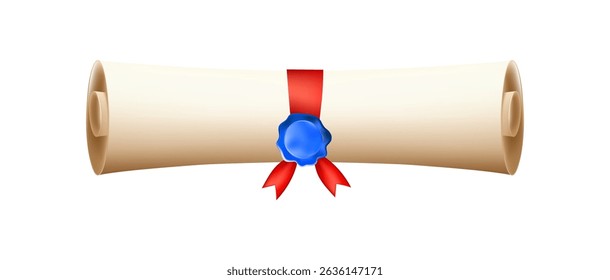 3d diploma scroll icon. Diploma with blue wax seal. Roll paper with red ribbon. Graduation education certificate of university, college, school. Vector illustration. EPS 10.