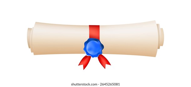 3d diploma scroll icon. Diploma with blue wax seal. Roll paper with red ribbon. Graduation education certificate of university, college, school. Vector illustration. EPS 10.