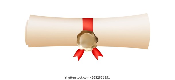 3d diploma scroll icon. Diploma with gold wax seal. Roll paper with red ribbon. Graduation education certificate of university, college, school. Vector illustration. EPS 10.