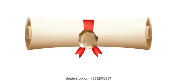 3d diploma scroll icon. Diploma with gold wax seal. Roll paper with red ribbon. Graduation education certificate of university, college, school. Vector illustration. EPS 10.