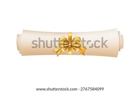 3d diploma scroll icon. Diploma with golden bow. Roll paper document. Graduation education certificate of university, college, high school. Vector illustration. EPS 10.