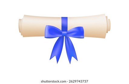3d diploma scroll icon. Roll paper with blue bow. Graduation education certificate of university, college, school. Vector illustration. EPS 10.