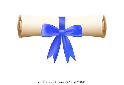 3d diploma scroll icon. Roll paper with blue bow. Graduation education certificate of university, college, school. Vector illustration. EPS 10.