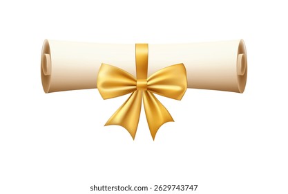 3d diploma scroll icon. Diploma with wax seal. Roll paper with gold bow. Graduation education certificate of university, college, school. Vector illustration. EPS 10.