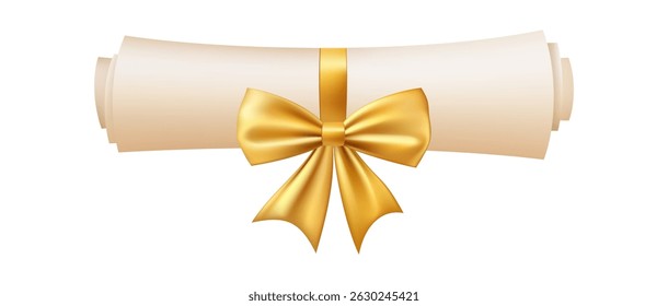 3d diploma scroll icon. Diploma with wax seal. Roll paper with gold bow. Graduation education certificate of university, college, school. Vector illustration. EPS 10.