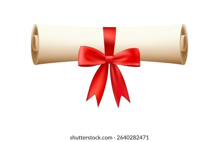 3d diploma scroll icon. Diploma with wax seal. Roll paper with red bow. Graduation education certificate of university, college, school. Vector illustration. EPS 10.