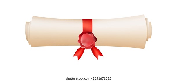Ícone de rolagem do diploma 3d. Diploma com selo de cera. Rolo de papel com fita vermelha. Certificado de educação de graduação da universidade, faculdade, escola. Ilustração vetorial. EPS 10.