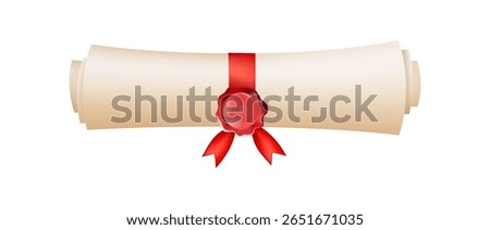 3d diploma scroll icon. Diploma with wax seal. Roll paper with red ribbon. Graduation education certificate of university, college, school. Vector illustration. EPS 10.