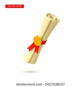 3D-Diplom-Schriftrolle mit gelbem Stempel und rotem Band. Abschluss, Bildungskonzept. 3D-Rendervektordarstellung.