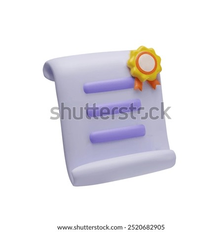 3d Diploma with text and yellow rosette and orange ribbons. Award. Congratulatory certificate. Paper scroll. Victory. Achievement. Game element. Cartoon style. Vector illustration on white background.