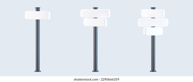 3d direction road sign icons set with shadow isolated on gray background. Render of template crossroad street sign to choose the right direction and street. 3d cartoon simple vector illustration
