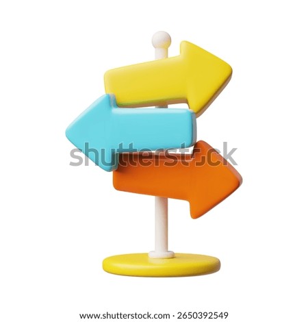 3D direction sign with three multi-colored arrows located in different directions. Yellow, orange and blue arrow on a pole. Bright signs showing the way. Vector cartoon illustration.