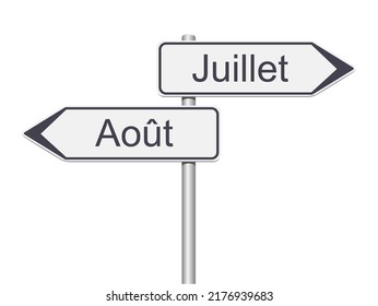 3D direction signs with July and August text in French