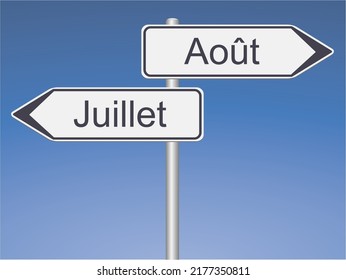 3D direction signs with July and August text in French on a blue sky 