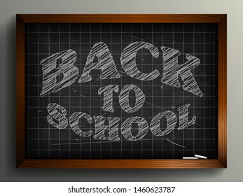 3d, dirty, grid Blackboard with a piece of chalk and wooden frame. Messed up Chalkboard. "Back to School" - special.