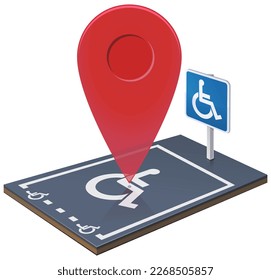 3D disabled parking space with its signage on the ground and its information panel with the symbol of the wheelchair on which a red geolocation marker is placed (cut out)