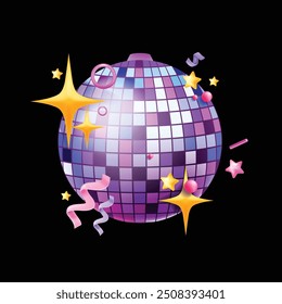 3D disco ball vector icon, holiday night club decoration, New Year party vintage sphere, confetti. Celebration event shiny dance object retro glass mirror round glitter decor. Music disco ball concept