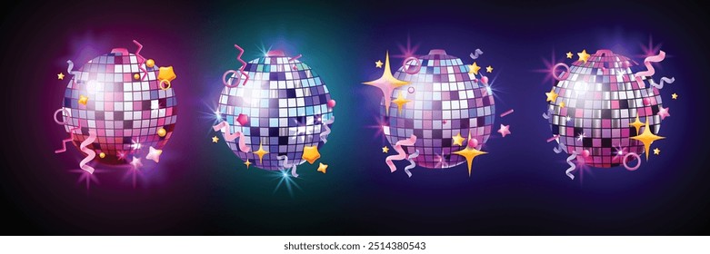 3D disco bola vetor ícone set, decoração de feriado de discoteca, Ano Novo vintage esfera confete. Evento de celebração dança brilhante retro objeto espelho de vidro redondo brilhante decoração. Música disco ball