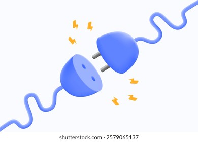 3D Disconnected plug connection loss, error, or offline status. 404 pages, tech issues, or maintenance alerts. illustration vector