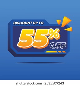 3D discount banner with bold 'Discount Up to 55% Off' text in vibrant yellow on a blue background. Orange graphic accents add a dynamic touch to capture attention.