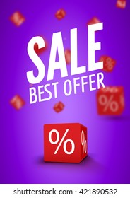 3D discount boxes dice for store market and shop. Sale best offer promotional poster or flyer brochure.