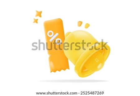 3d discount concept with a yellow bell and coupon percentage symbol. Ideal for promoting sales, special offers, notifications, vector illustration