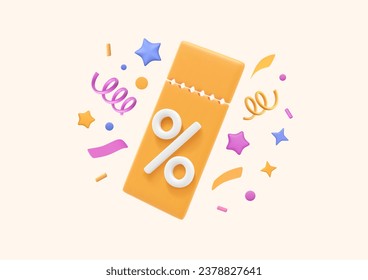 3D discount coupon with firecracker confetti, stars, tinsel, serpentine. Voucher with percent sign, sale tag, yellow lucky tear-off ticket. Vector promo illustration