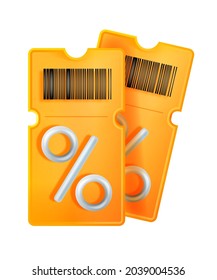 3D discount coupon illustration, vector voucher gift, bar code, yellow lucky ticket, percent sign. Sale bonus points illustration isolated on white, benefit special offer, pass badge. Discount coupon