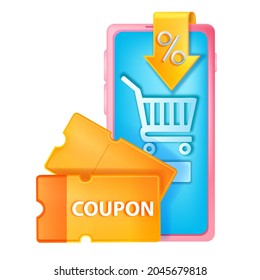 3D Discount Coupon Illustration, Vector Online Shopping Sale Concept, Smartphone Screen, Voucher, Cart. Customer Bonus Point Offer, E-commerce Digital Payment, Yellow Lucky Ticket. 3D Virtual Coupon