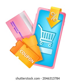 3D discount coupon illustration, vector sale event gift voucher, smartphone screen, credit card. Online shopping sale concept, internet purchase bonus reward, mobile app. 3D special customer coupon