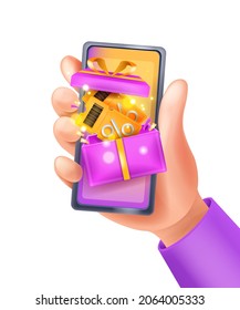 3D discount coupon illustration, vector event ticket, hand holding smartphone, gift box special voucher. Holiday present sale offer, mobile app promotion concept, bonus surprise. 3D coupon concept