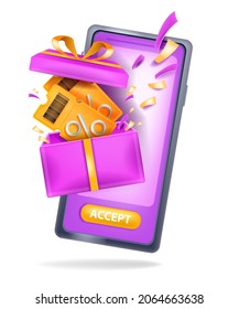 3D Discount Coupon Illustration, Vector Lucky Event Ticket Icon, Smartphone Screen Present Box. Special Gift Voucher, Online Holiday Bonus Surprise Promotion Sale Offer. 3D Coupon, Mobile Shopping App