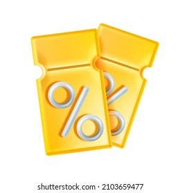 3D discount coupon illustration, vector voucher gift, bar code, yellow lucky ticket, percent sign. Sale bonus points illustration isolated on white, benefit special offer, pass badge. Discount coupon
