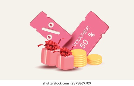 Ilustración de cupón de descuento 3D, vale rosa vector, signo de porcentaje. concepto. Venta de bonos compra online y promoción de monedas banner caja de regalo