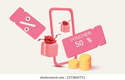 3D discount coupon illustration, vector pink  ticket, percent sign. concept. Sale bonus shopping online and coins promotion banner gift box